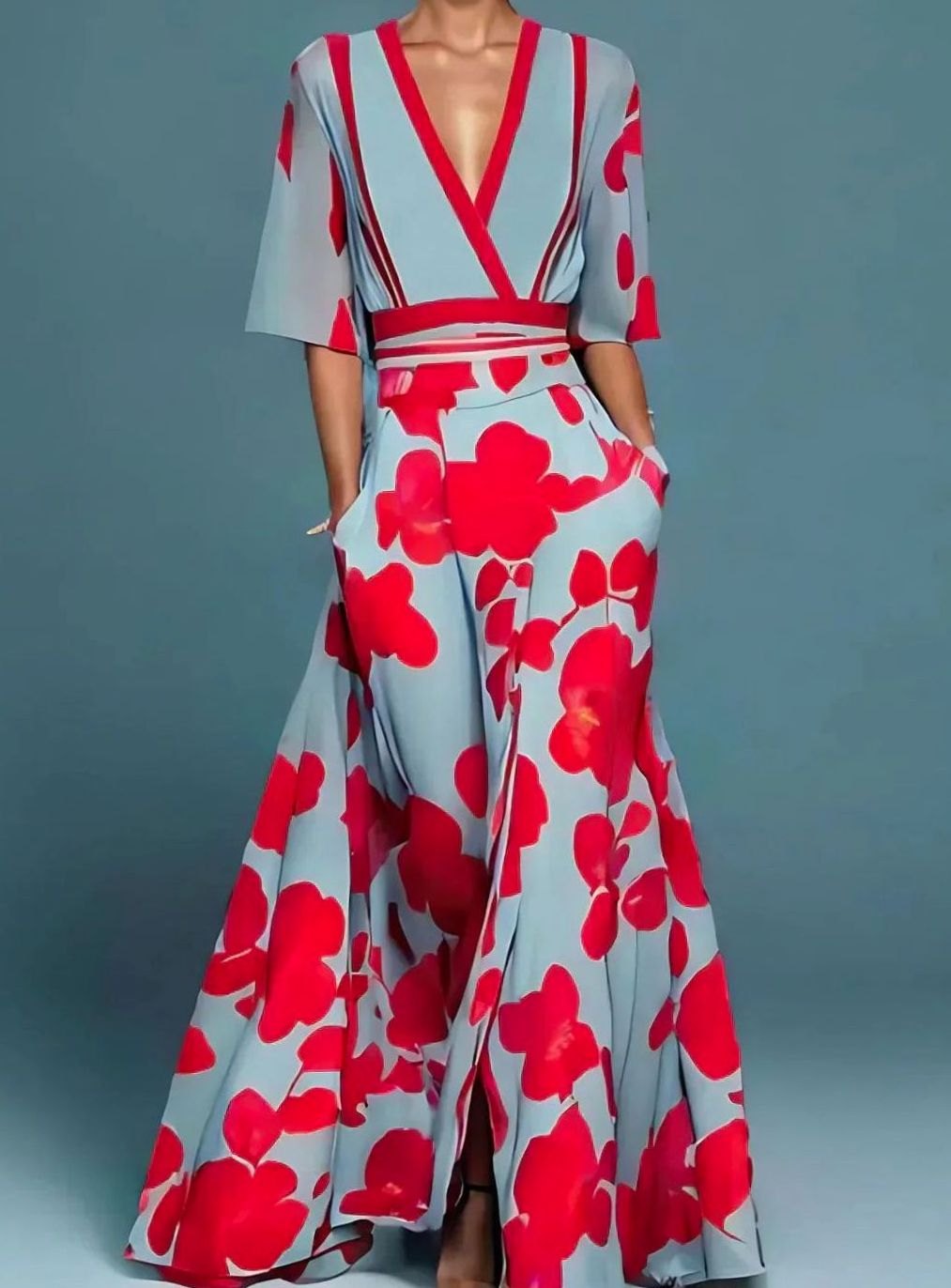Elegantes Maxi Kleid mit Blumenmuster tiefem V-Ausschnitt fließender Silhouette - Rot