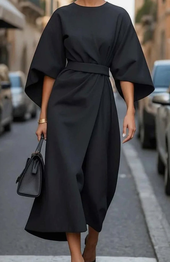 Elegantes Midi-Kleid mit Laternenärmeln und Gürtel tailliert
