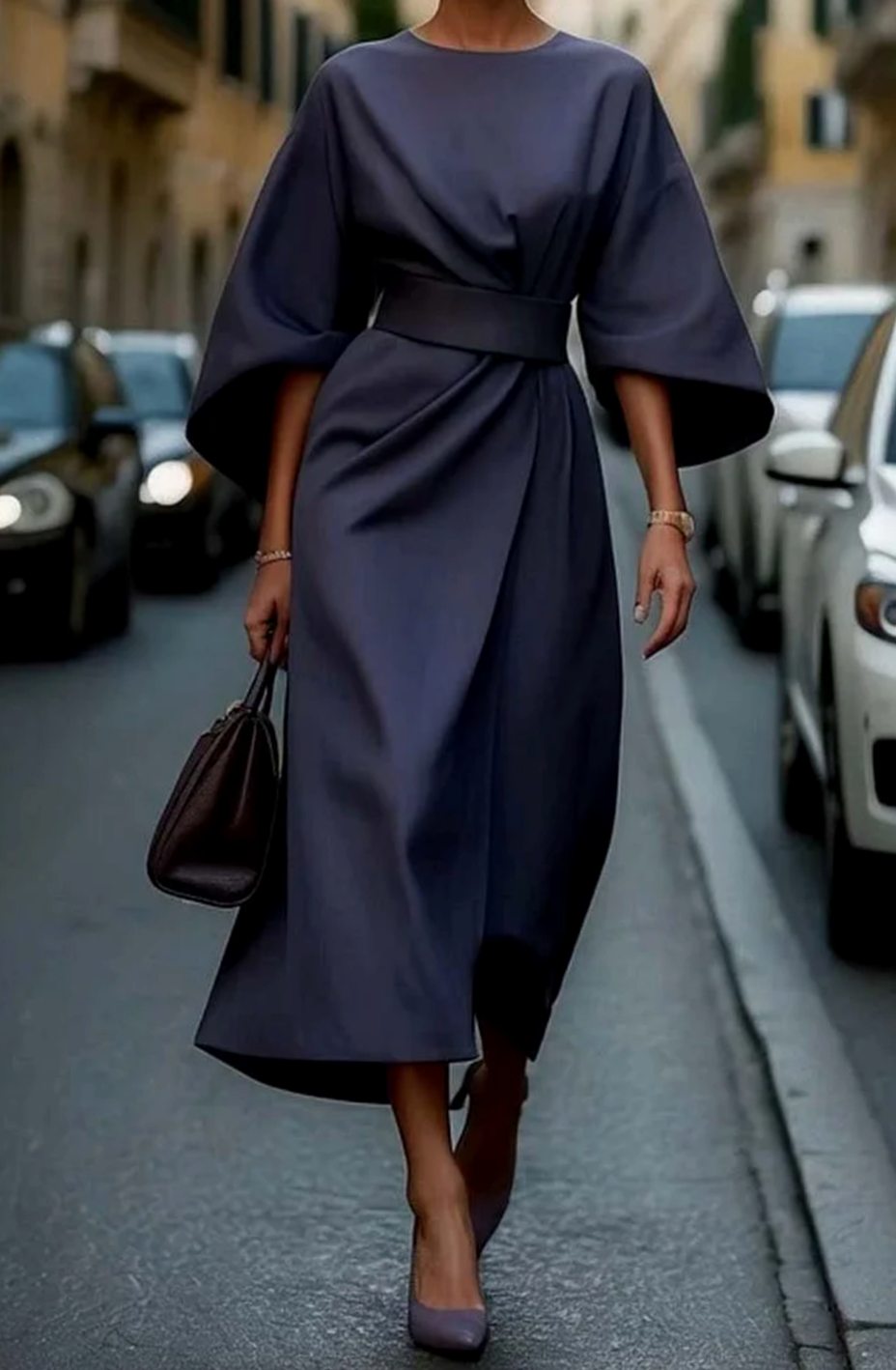 Elegantes Midi-Kleid mit Laternenärmeln und Gürtel tailliert - Marineblau