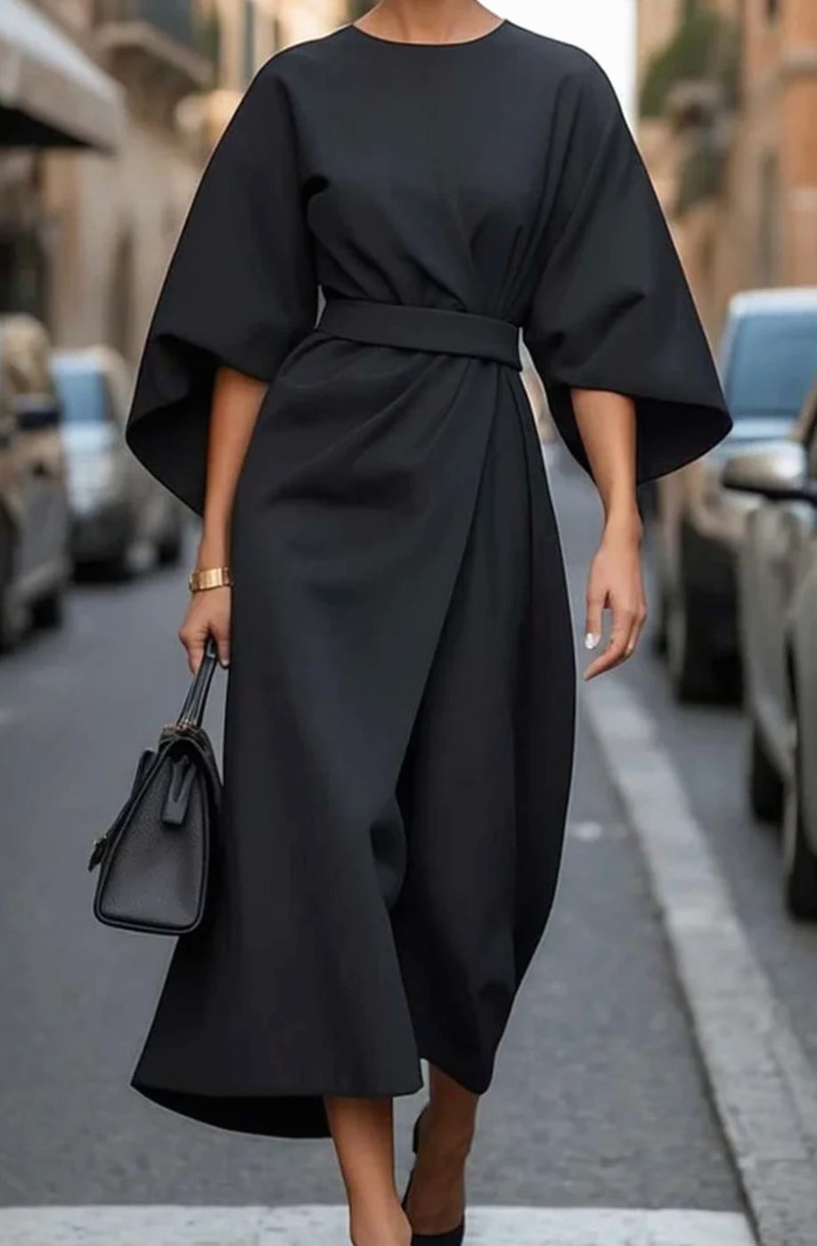 Elegantes Midi-Kleid mit Laternenärmeln und Gürtel tailliert - Schwarz