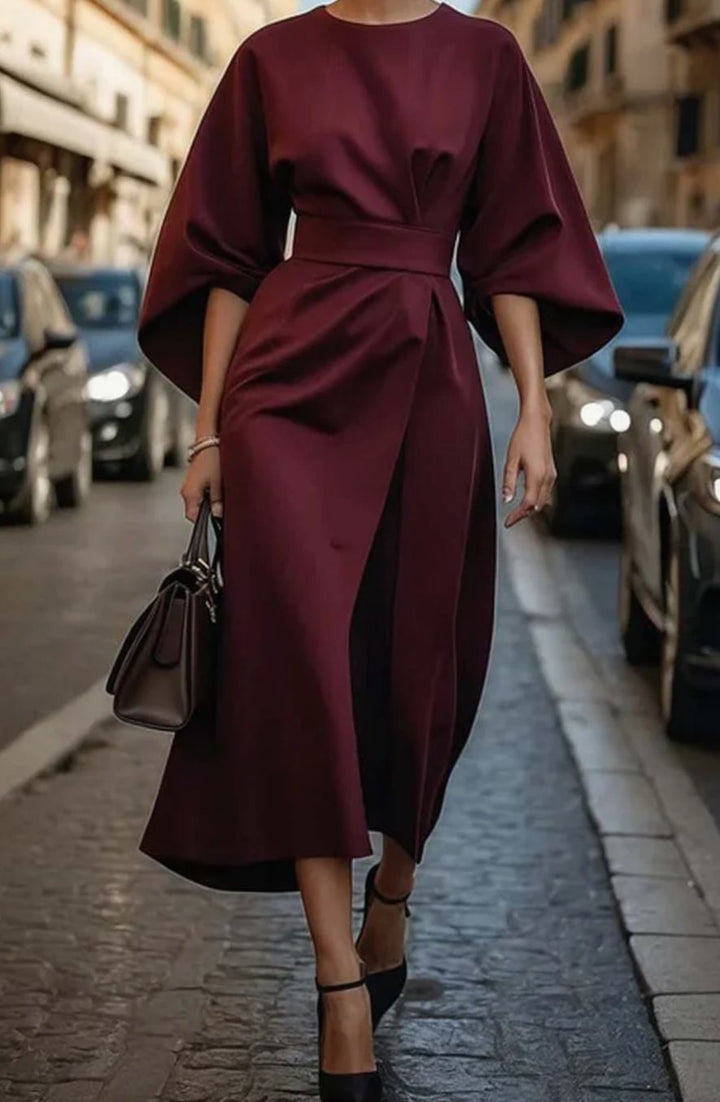 Elegantes Midi-Kleid mit Laternenärmeln und Gürtel tailliert - Bordeaux