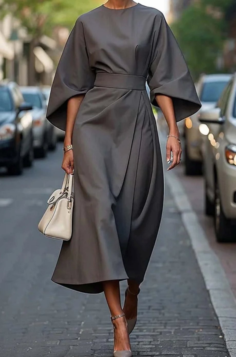 Elegantes Midi-Kleid mit Laternenärmeln und Gürtel tailliert - Grau