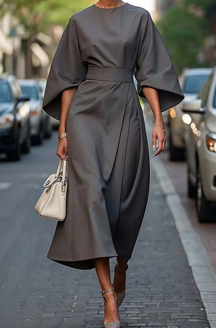 Elegantes Midi-Kleid mit Laternenärmeln und Gürtel tailliert - Grau