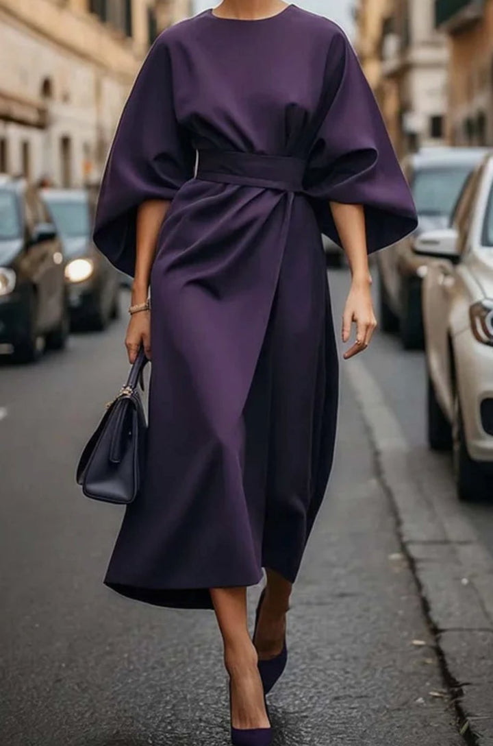Elegantes Midi-Kleid mit Laternenärmeln und Gürtel tailliert - Violett