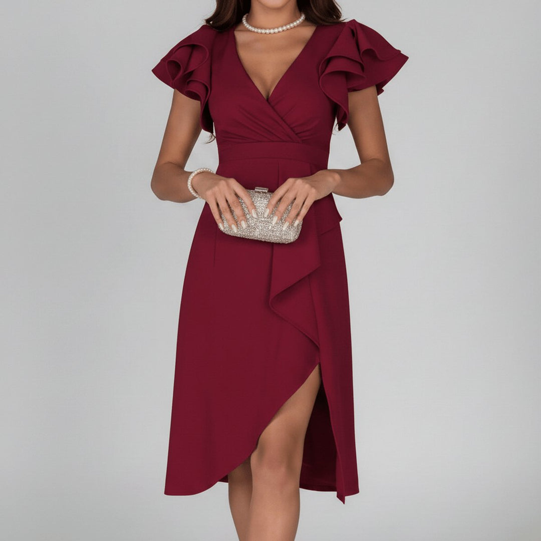 Elegantes Mother-of-the-Bride-Kleid mit Rüschenärmeln Wickelschnitt - Deep Red