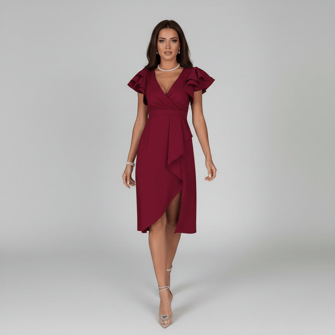 Elegantes Mother-of-the-Bride-Kleid mit Rüschenärmeln Wickelschnitt
