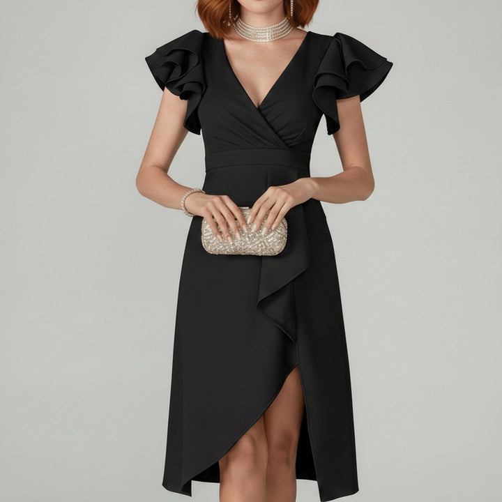 Elegantes Mother-of-the-Bride-Kleid mit Rüschenärmeln Wickelschnitt - Classic Black