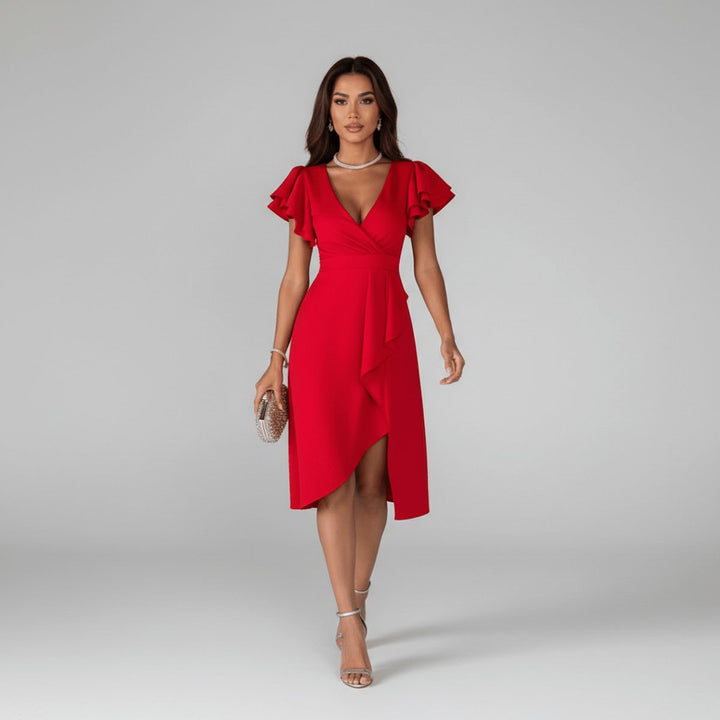 Elegantes Mother-of-the-Bride-Kleid mit Rüschenärmeln Wickelschnitt - Vivid Red