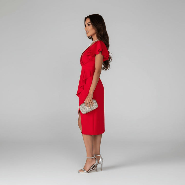 Elegantes Mother-of-the-Bride-Kleid mit Rüschenärmeln Wickelschnitt