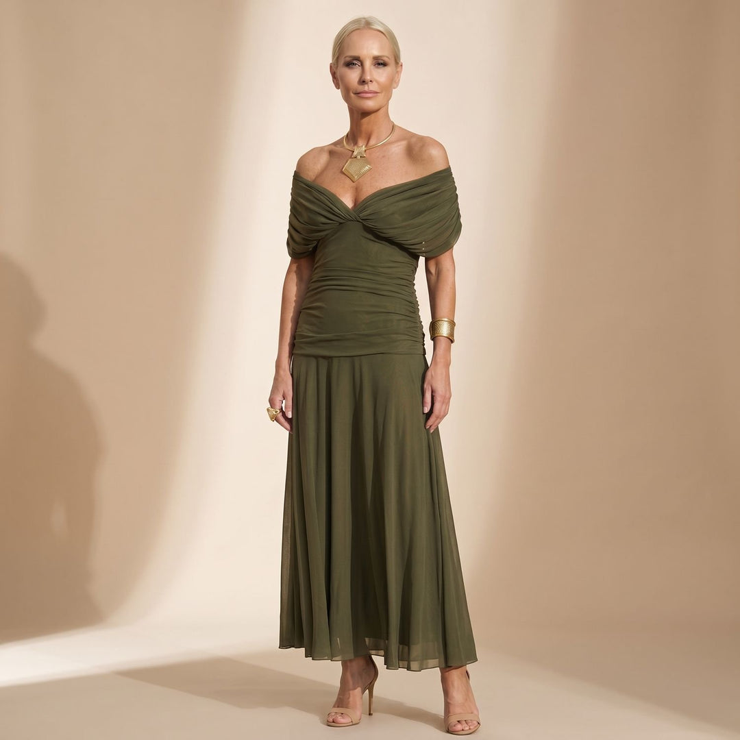 Elegantes Off-Shoulder Midikleid mit Chiffon-Rock und geraffter Taille - Olivgrün