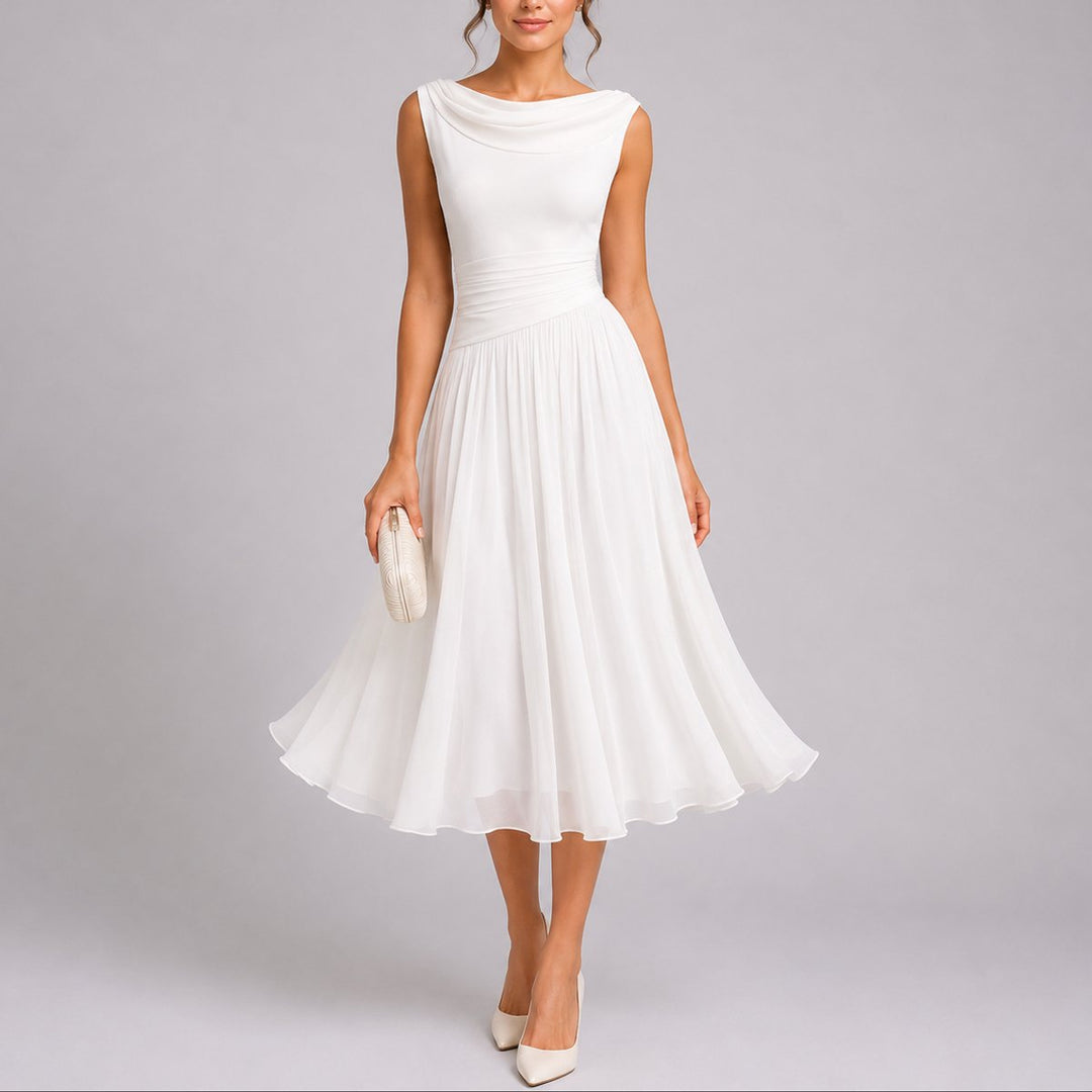 Elegantes Plissee-Midi-Kleid für Hochzeitsgäste im Herbst - Weiß