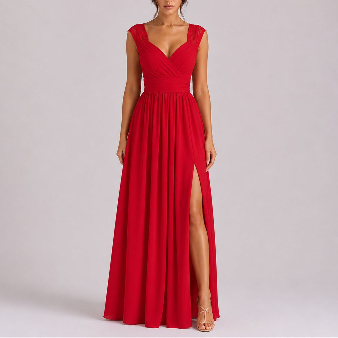 Elegantes Spitzen-Maxi-Kleid für Hochzeitsgäste im Herbst - Rot
