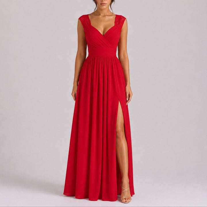 Elegantes Spitzen-Maxi-Kleid für Hochzeitsgäste im Herbst - Rot