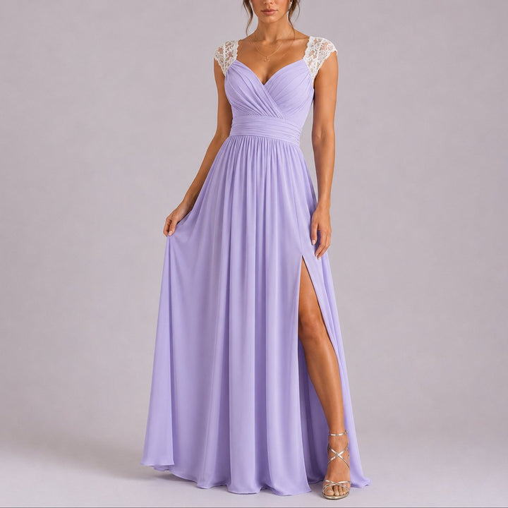 Elegantes Spitzen-Maxi-Kleid für Hochzeitsgäste im Herbst - Lila