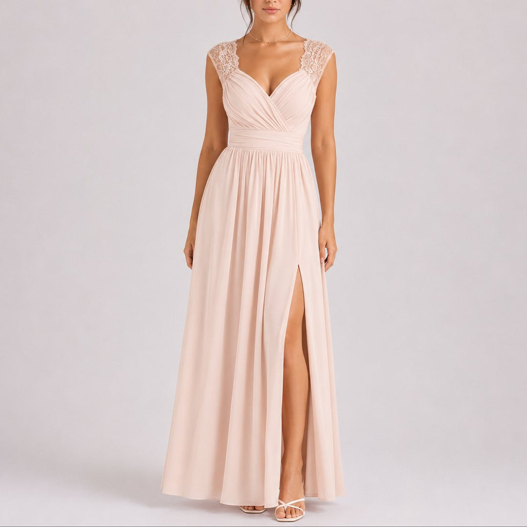 Elegantes Spitzen-Maxi-Kleid für Hochzeitsgäste im Herbst - Beige