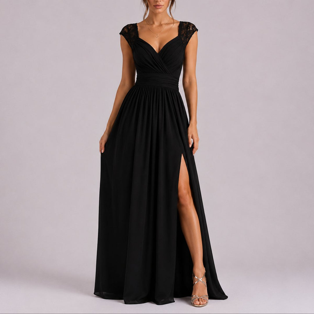 Elegantes Spitzen-Maxi-Kleid für Hochzeitsgäste im Herbst - Schwarz