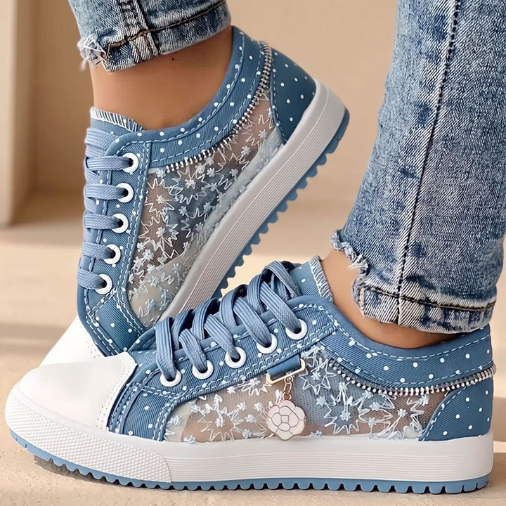 Elena Damen Sneaker mit Spitzenbesatz Reißverschluss Blumendetail - Hellblau