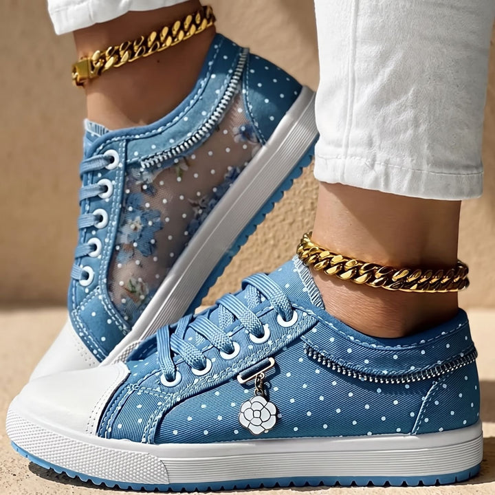Elena Damen Sneaker mit Spitzenbesatz Reißverschluss Blumendetail - Himmelblau