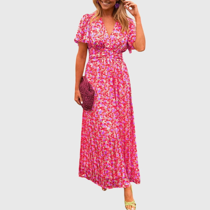 Regine | Damen Maxikleid mit Blumenmuster und Kurzärmeln