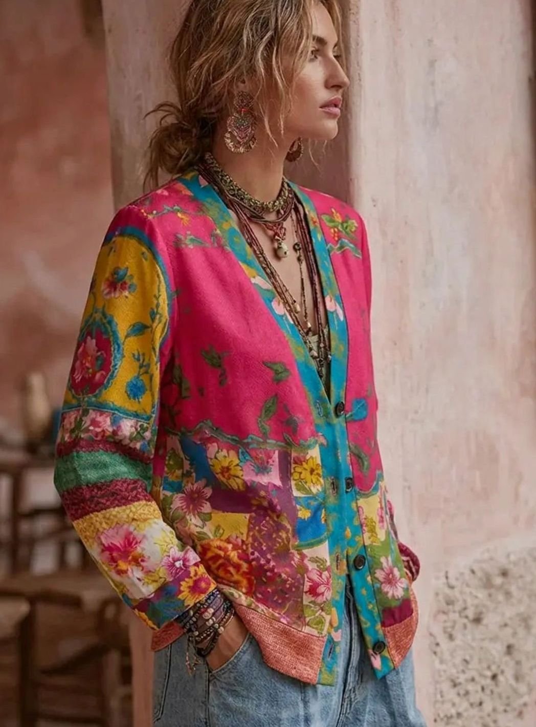 Festliche Strickjacke Damen Floral Patchwork Langarm V-Ausschnitt