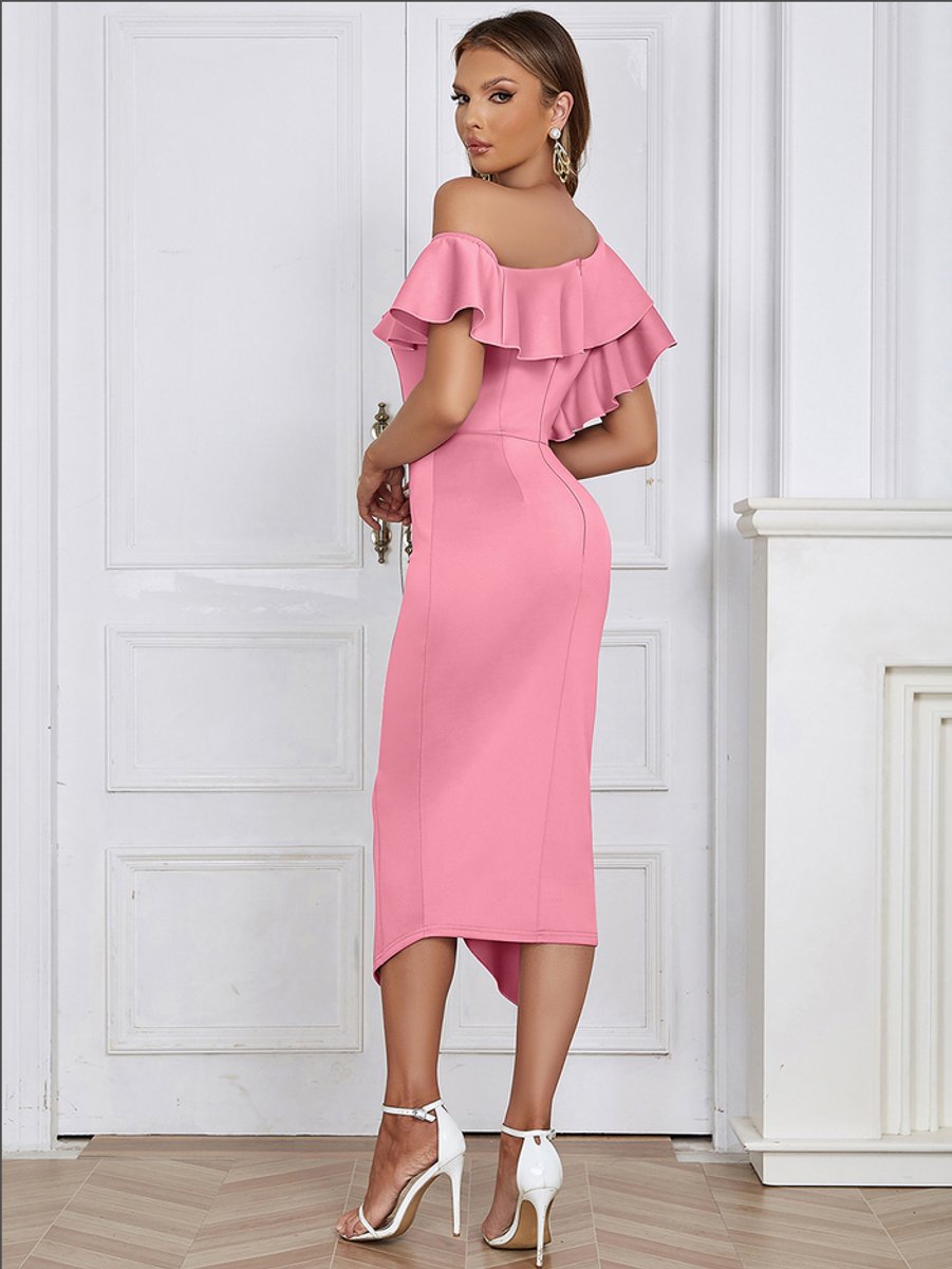 Figurbetontes asymmetrisches Rüschen-Midikleid mit One-Shoulder-Ausschnitt