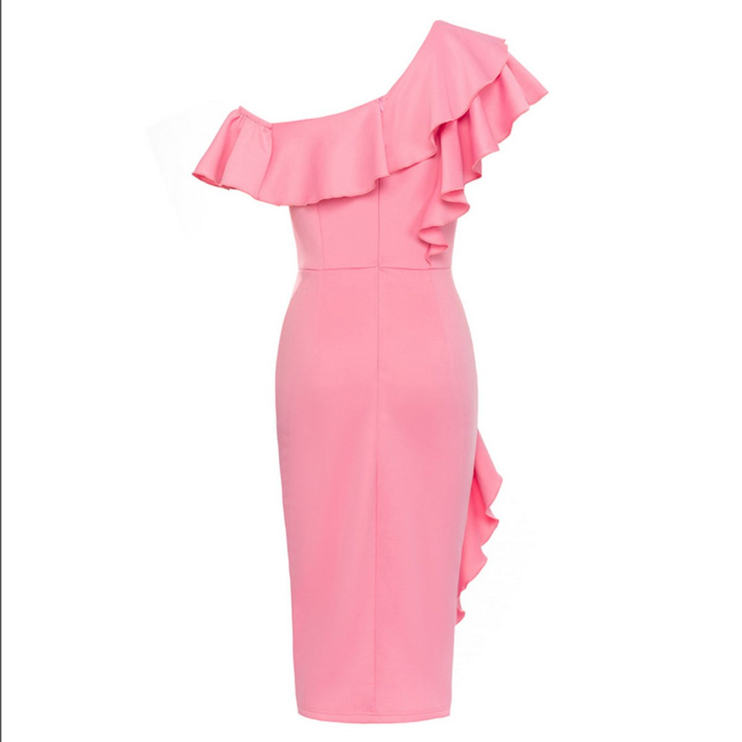 Figurbetontes asymmetrisches Rüschen-Midikleid mit One-Shoulder-Ausschnitt