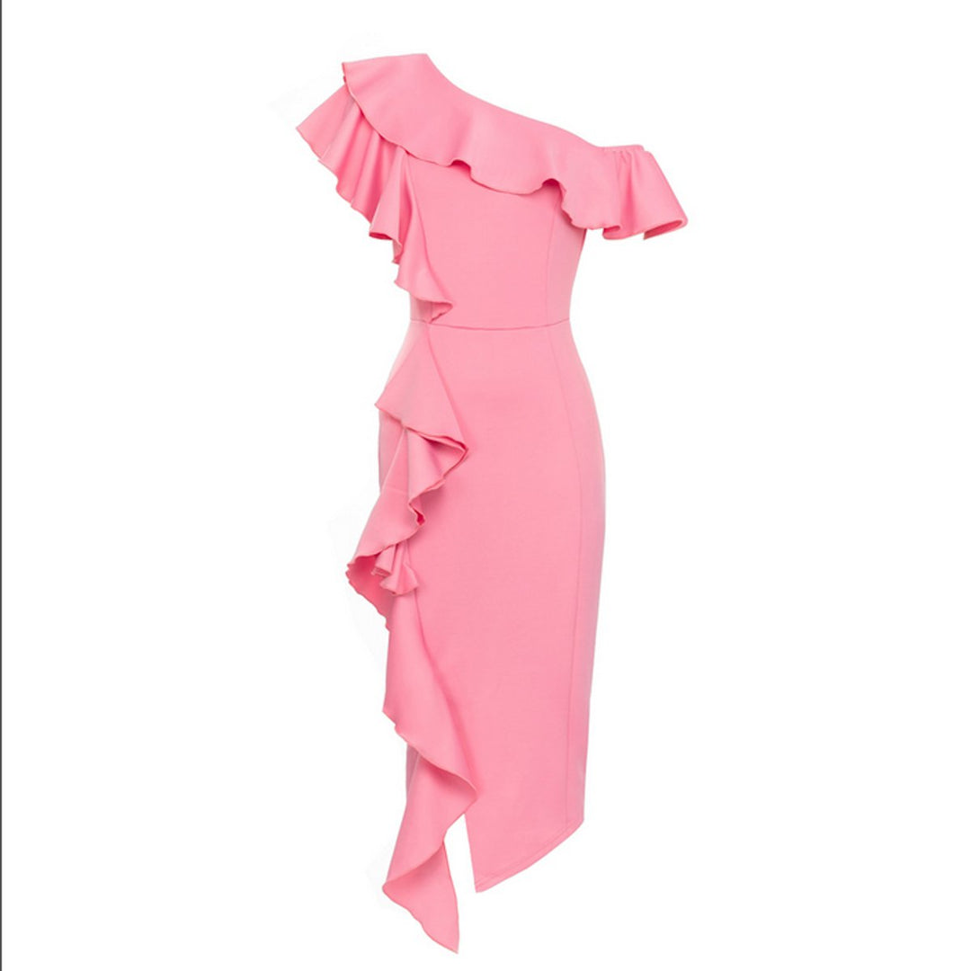 Figurbetontes asymmetrisches Rüschen-Midikleid mit One-Shoulder-Ausschnitt