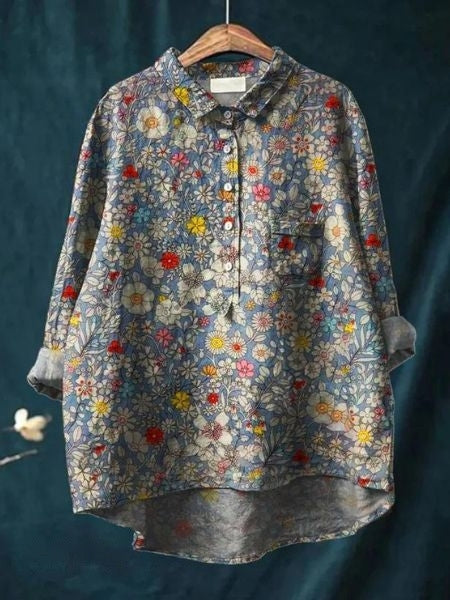 Leonie | Damen Blumen Bluse Mit Knopfleiste Und Tasche