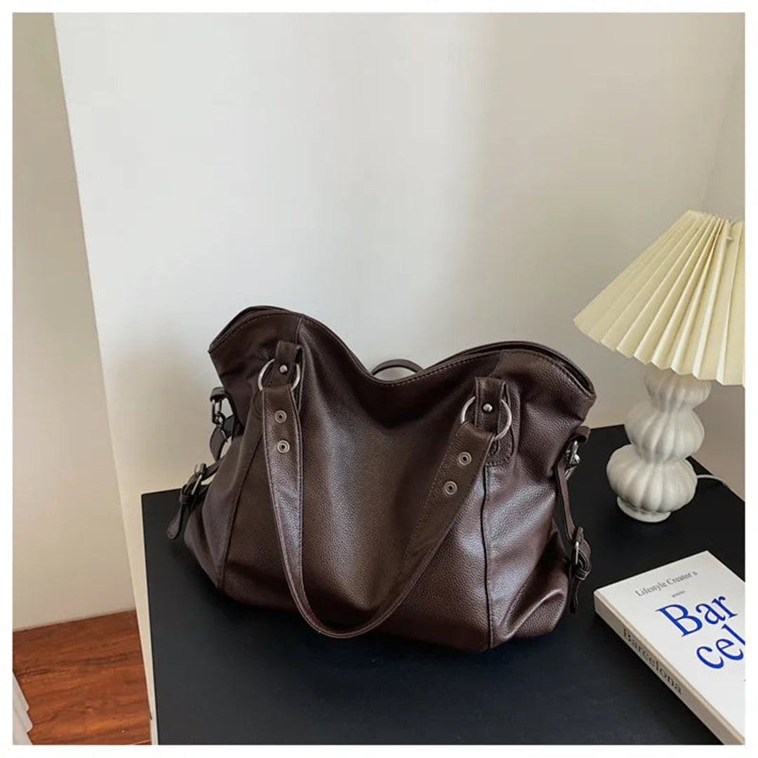 Geräumige schwarze Leder Tote bag mit Nietendetails - Braun