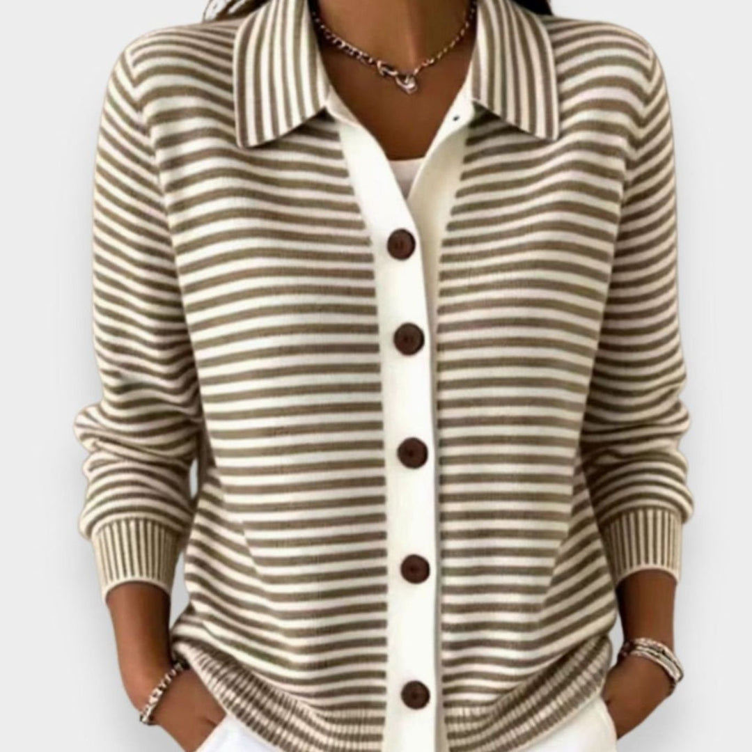 Gestreifte Strickjacke Damen Langarm mit Kragen Knopfleiste - Braun