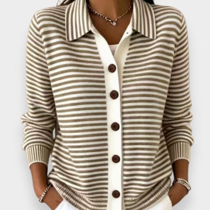 Gestreifte Strickjacke Damen Langarm mit Kragen Knopfleiste - Braun