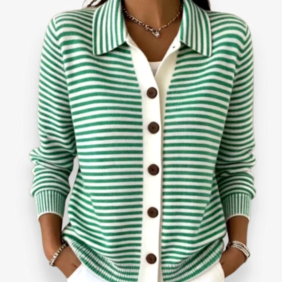 Gestreifte Strickjacke Damen Langarm mit Kragen Knopfleiste - Grün