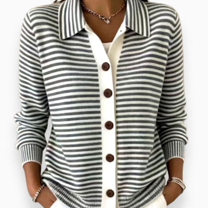 Gestreifte Strickjacke Damen Langarm mit Kragen Knopfleiste - Schwarz