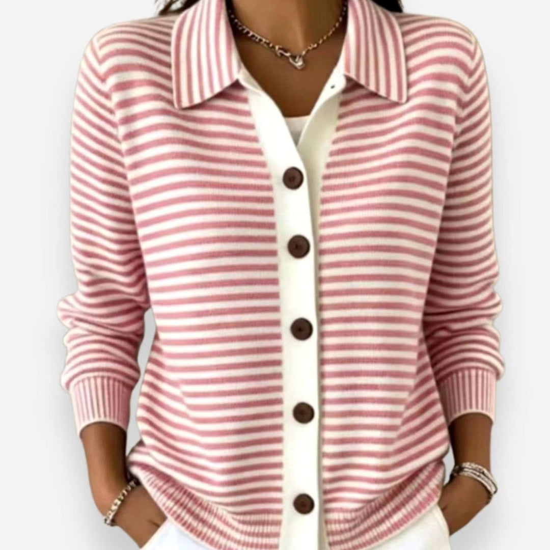 Gestreifte Strickjacke Damen Langarm mit Kragen Knopfleiste - Rosa