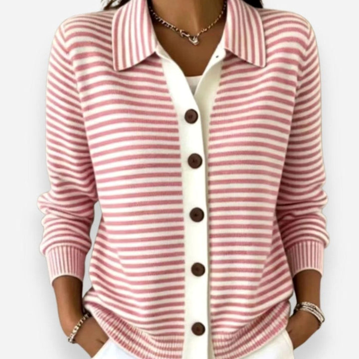 Gestreifte Strickjacke Damen Langarm mit Kragen Knopfleiste - Rosa