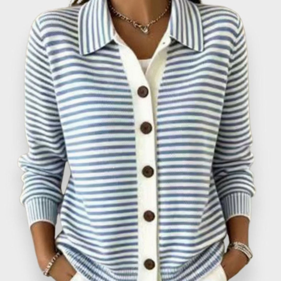 Gestreifte Strickjacke Damen Langarm mit Kragen Knopfleiste - Hellblau