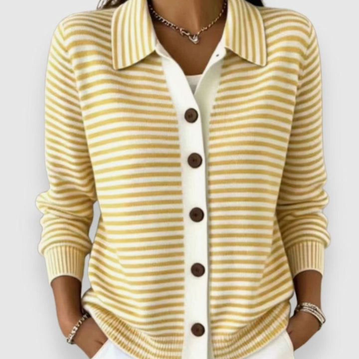 Gestreifte Strickjacke Damen Langarm mit Kragen Knopfleiste - Gelb