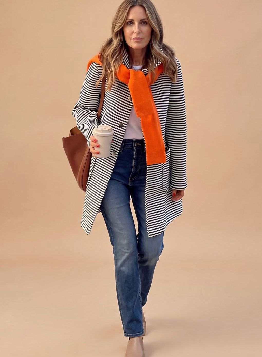 Gestreifter Trenchcoat Damen Langarm mit Schal - Blau