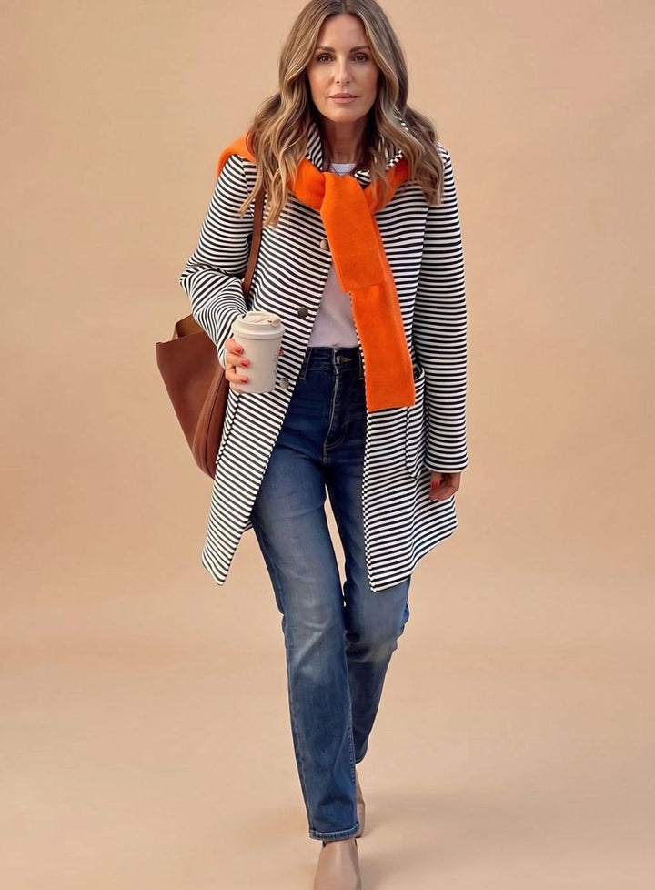 Gestreifter Trenchcoat Damen Langarm mit Schal - Blau
