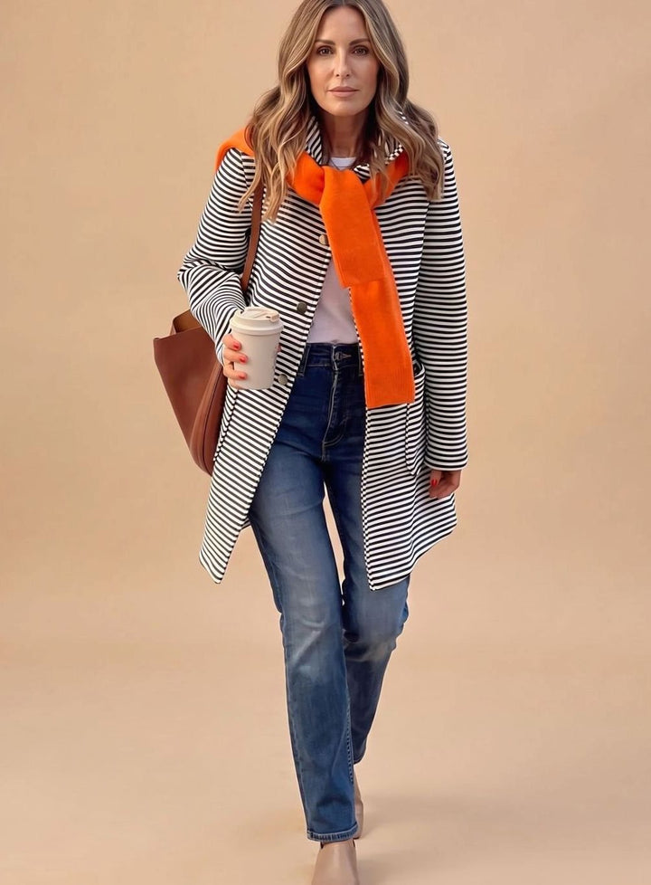 Gestreifter Trenchcoat Damen Langarm mit Schal - Braun