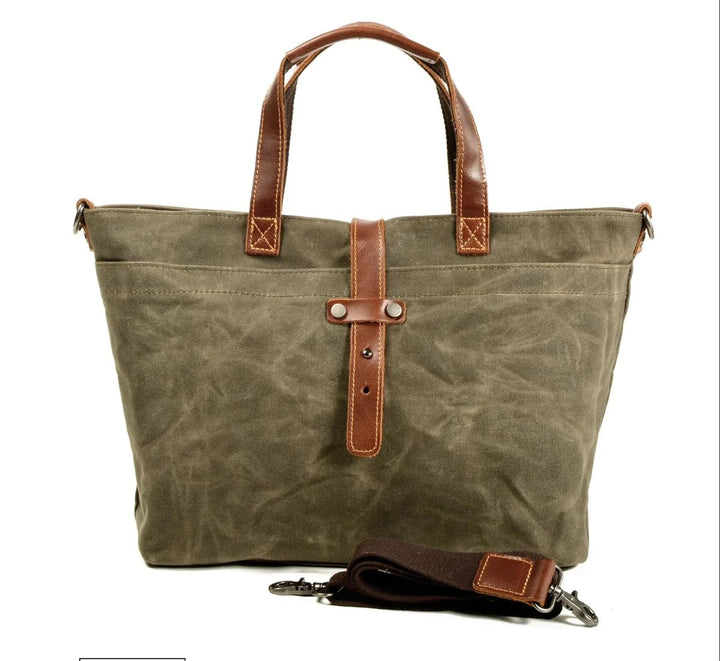Gewachste Canvas Tote Bag mit Lederdetails wasserfest robust - Salbeiholz