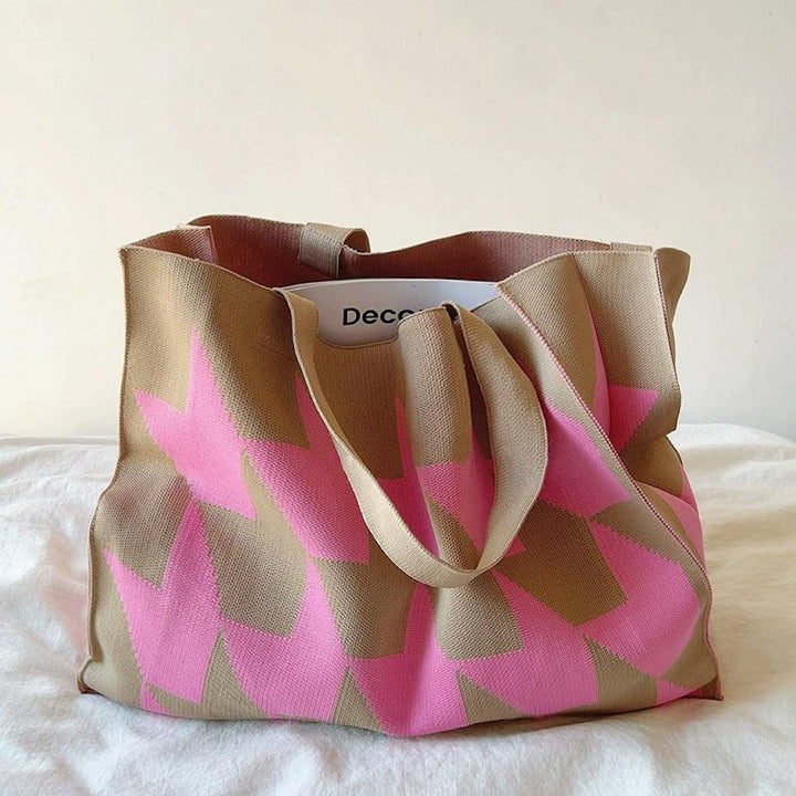 Grafischer Canvas Tote Bag Damen Shopper in Beige-Rosa - Rosa