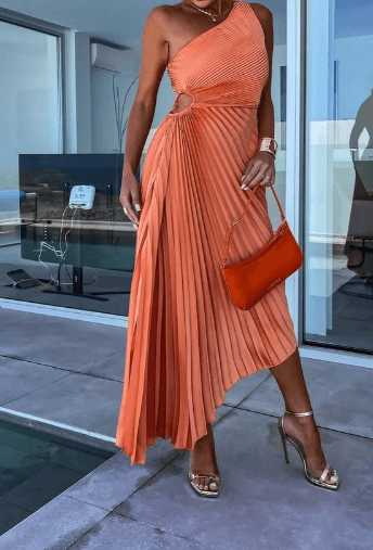 Hanna | Damen Falten-Maxi-Kleid mit One-Shoulder-Design