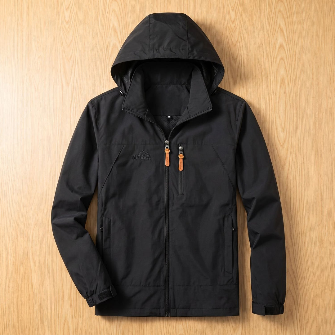 Herren Allwetter-Kapuzenjacke Leichte Outdoor-Jacke mit Reißverschluss - Schwarz