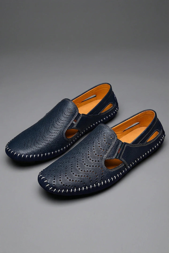 Herren atmungsaktive perforierte Slip-On Loafer mit Handnaht - Navy