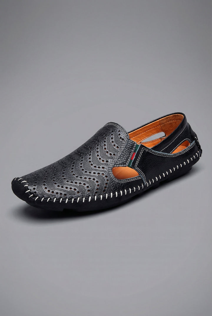 Herren atmungsaktive perforierte Slip-On Loafer mit Handnaht - Black