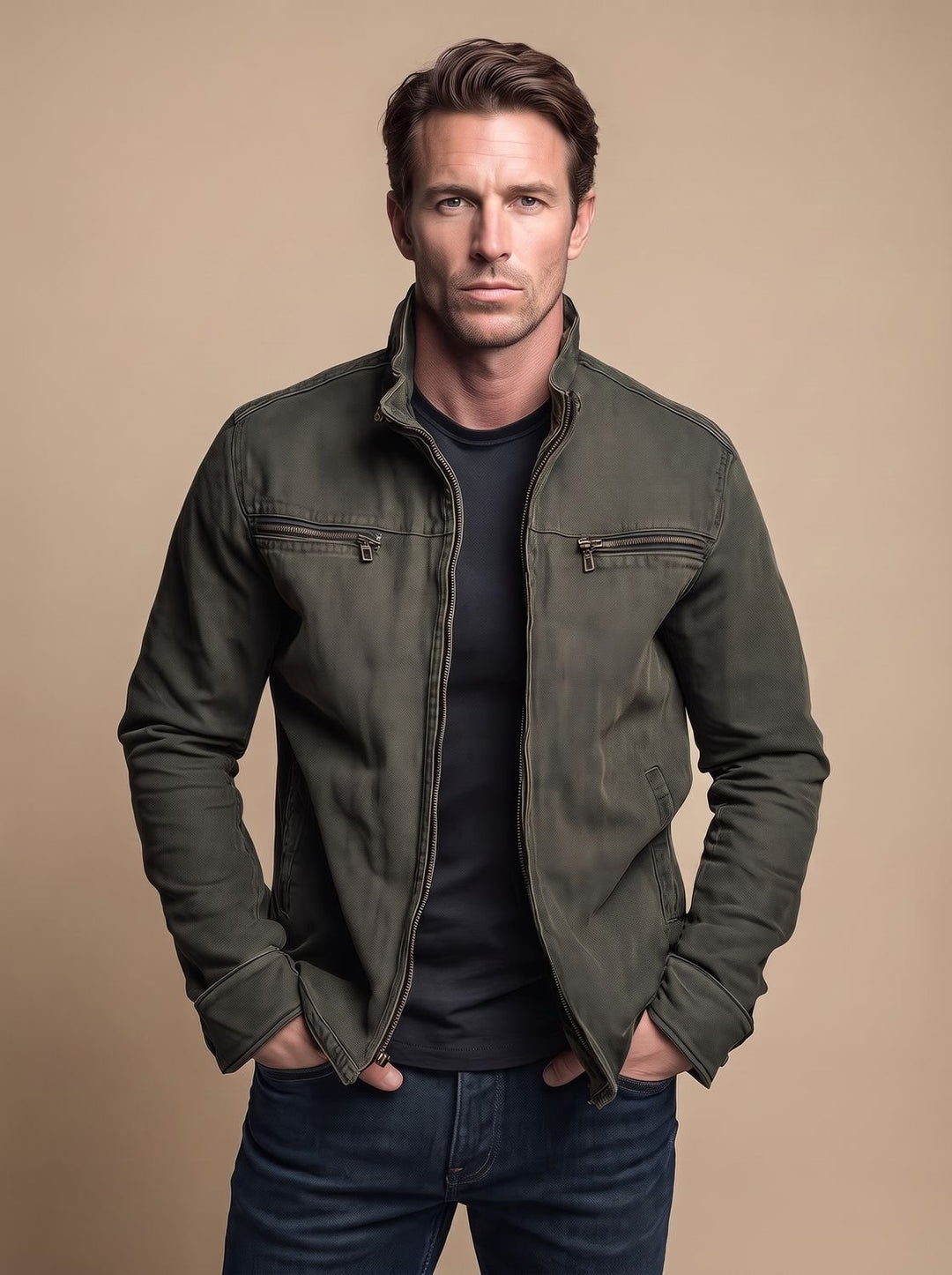Herren Baumwoll Übergangsjacke mit Reißverschluss Stehkragen Herbst