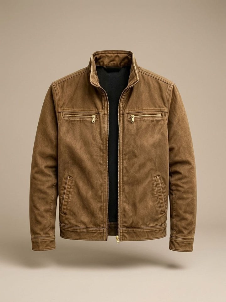 Herren Baumwoll Übergangsjacke mit Reißverschluss Stehkragen Herbst - Braun