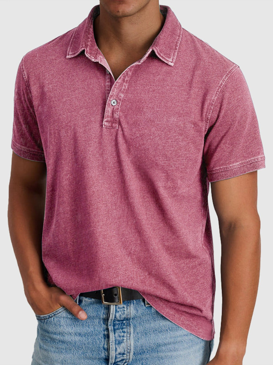 Herren Baumwoll-Denim Kurzarm Polo-Shirt - Pink