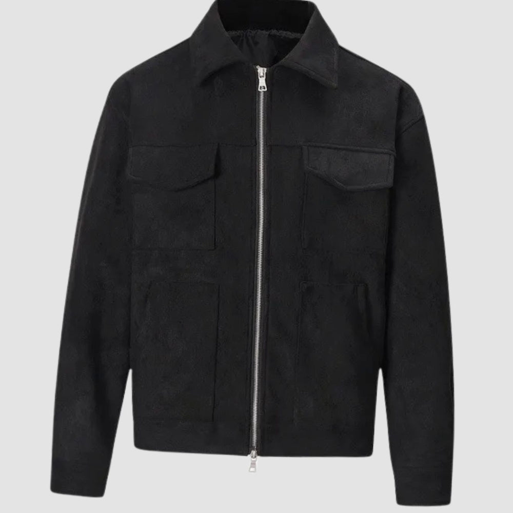 Herren Übergangsjacke Wildleder-Optik Trucker mit Reißverschluss - Schwarz